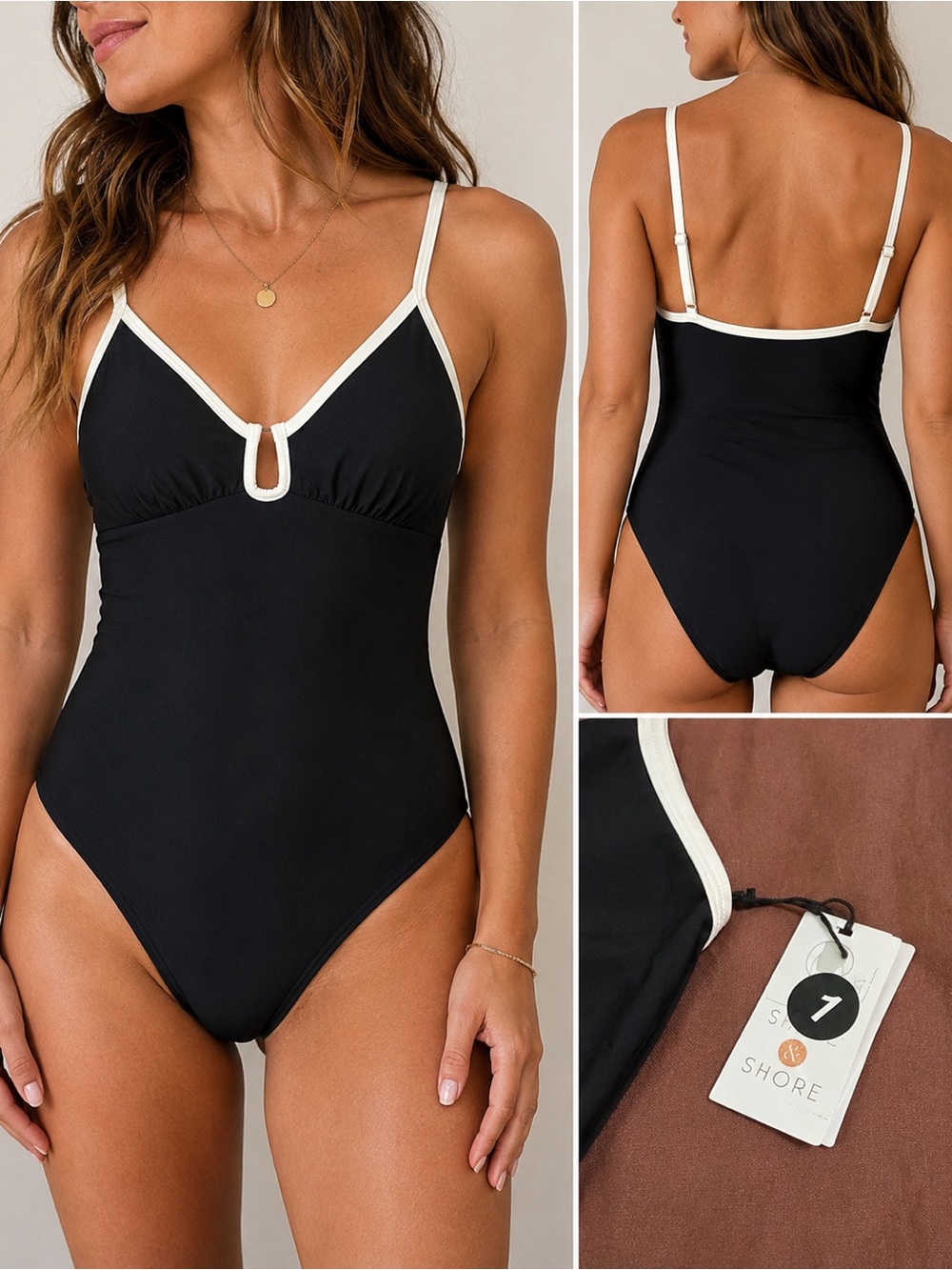 NWT Shade & Shore Black One-Piece Swimsuit with Cream Trim